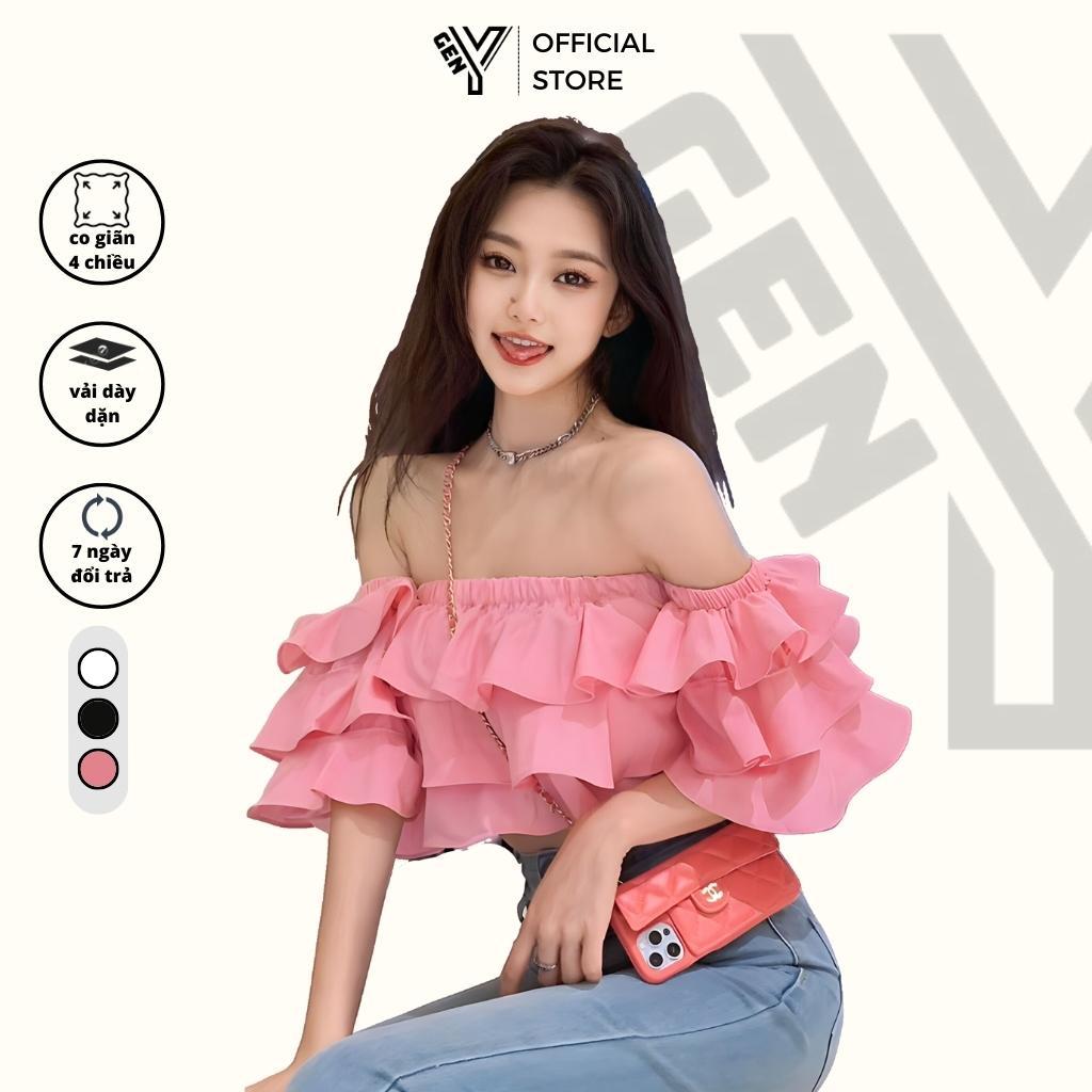 Áo croptop nữ GenY bẹt vai tay bồng tầng tầng nhiều lớp, Áo kiểu nữ trể vai tay phồng phong cách tiểu thư -TP3-
