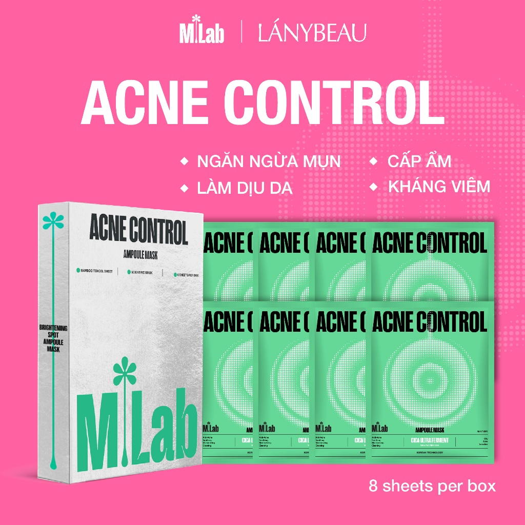 Mặt nạ sợi tre Mlab giúp ngăn ngừa mụn, làm dịu làn da LÁNYBEAU ACNE CONTROL AMPOULE MASK (1 Hộp/ 8 miếng)