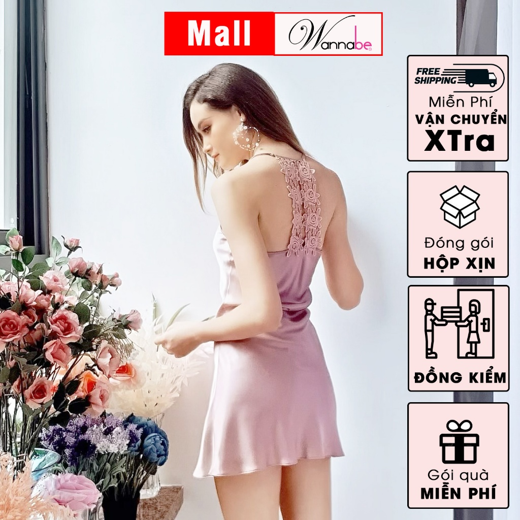 Váy ngủ phi luạ Wannabe DNS07 khoét lưng phối ren hoa nữ tính, gợi cảm