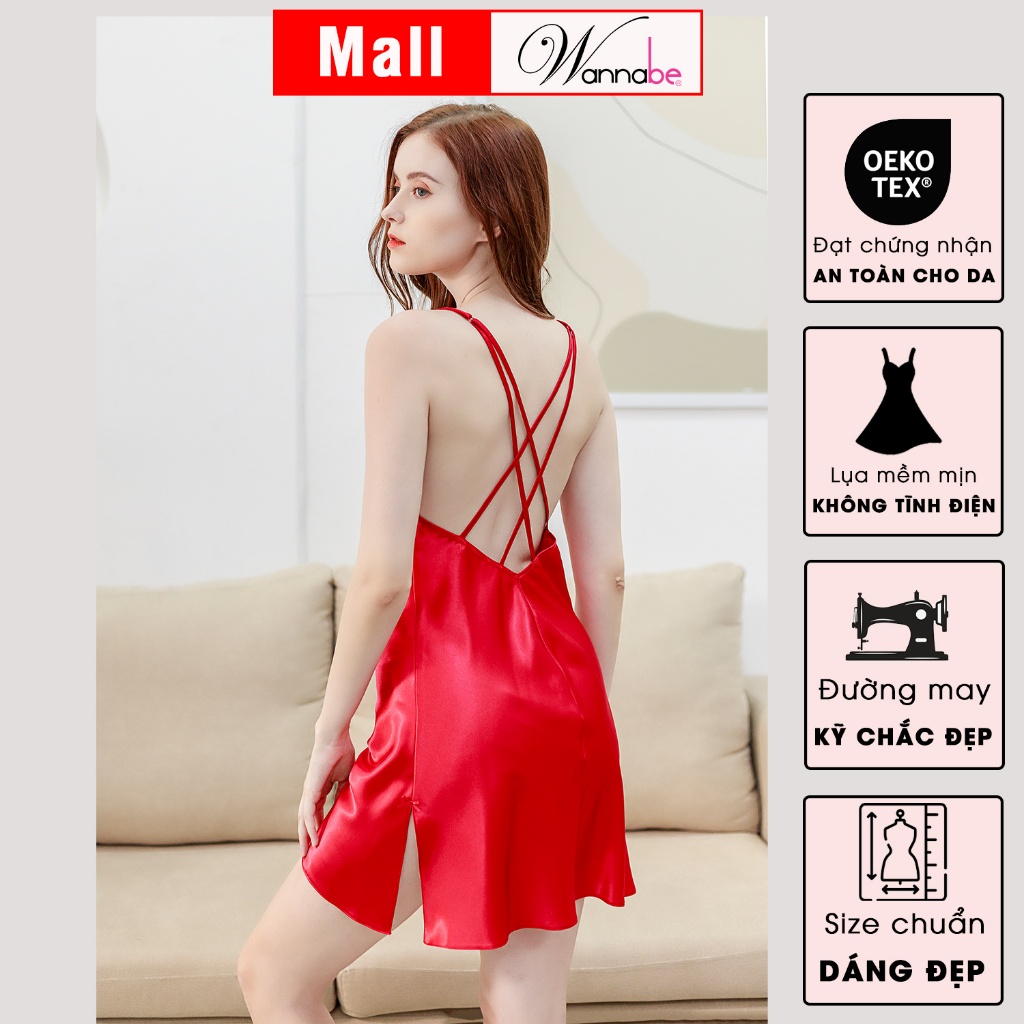 Đầm ngủ WANNABE DNS31 váy ngủ lụa 2 dây, cổ đổ sang trọng lưng cut-out đan dây chéo khoe lưng trần xinh đẹp