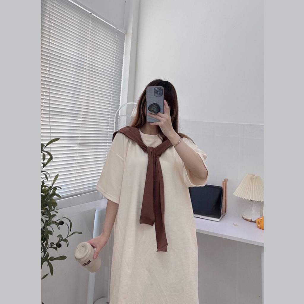 Váy nỉ tăm kèm khăn dáng polo form suông,váy xuông nữ dáng dài cộc tay phom rộng Ulzzang HV2 HOASUMO