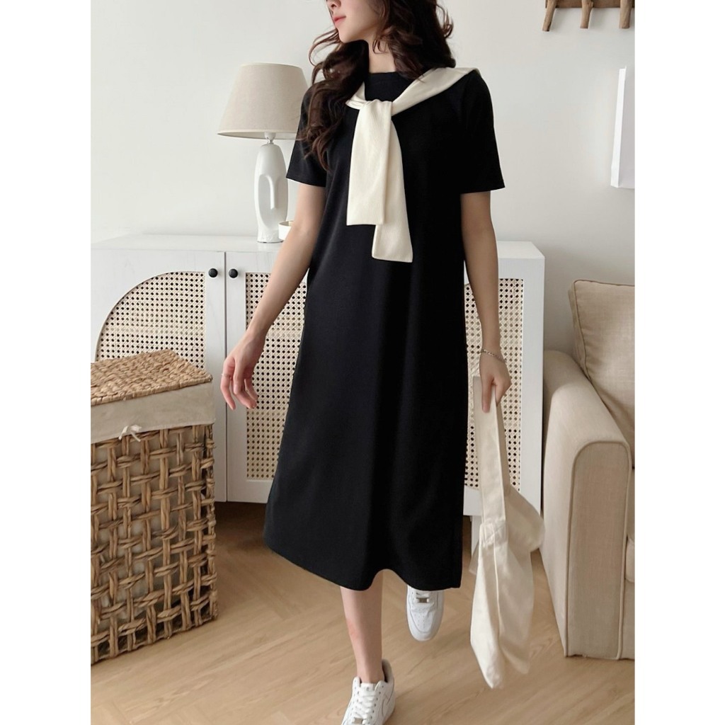 Váy nỉ tăm kèm khăn dáng polo form suông,váy xuông nữ dáng dài cộc tay phom rộng Ulzzang HV2 HOASUMO