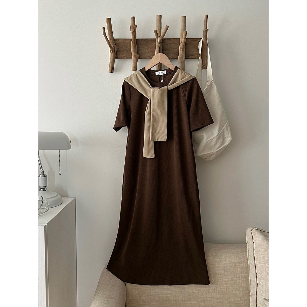 Váy nỉ tăm kèm khăn dáng polo form suông,váy xuông nữ dáng dài cộc tay phom rộng Ulzzang HV2 HOASUMO