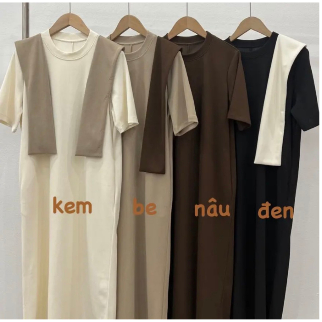 Váy nỉ tăm kèm khăn dáng polo form suông,váy xuông nữ dáng dài cộc tay phom rộng Ulzzang HV2 HOASUMO