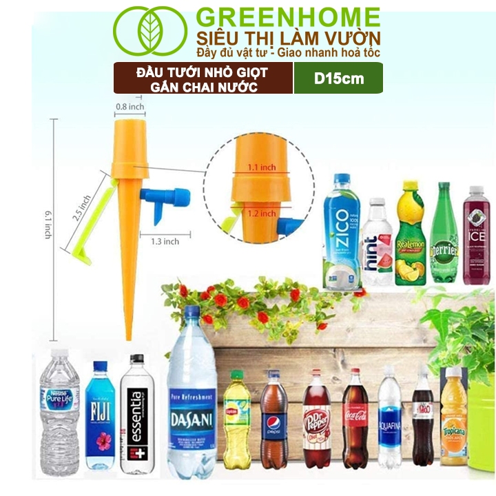 Đầu Tưới Nhỏ Giọt Gắn Chai Nước Greenhome, D15cm, Có Chân Chống Đỗ, Chỉnh Được Lượng Nước, Màu Ngẫu Nhiên