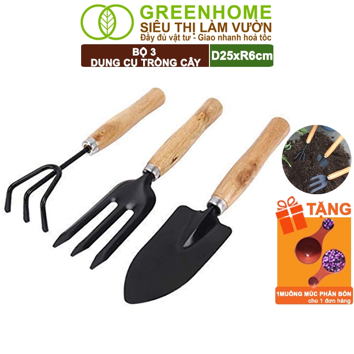 Dụng Cụ Làm Vườn Greenhome, D25cm, Cán Gỗ, Lưỡi Thép, Gồm Xẻng Xúc Đất, Cào, Chĩa, Làm Cỏ Dễ Dàng