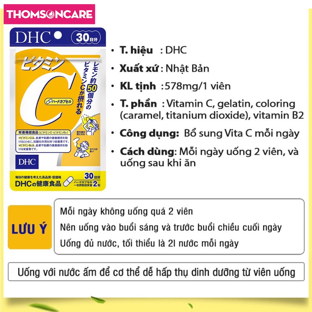 Combo trắng da Vitamin C DHC 60 viên và Lcystine 60 viên, giúp sáng mịn da, giảm thâm mụn, tóc chắc khỏe - Thomsoncare
