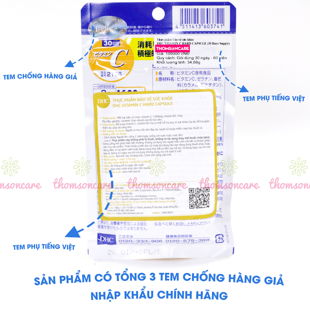 Combo trắng da Vitamin C DHC 60 viên và Lcystine 60 viên, giúp sáng mịn da, giảm thâm mụn, tóc chắc khỏe - Thomsoncare