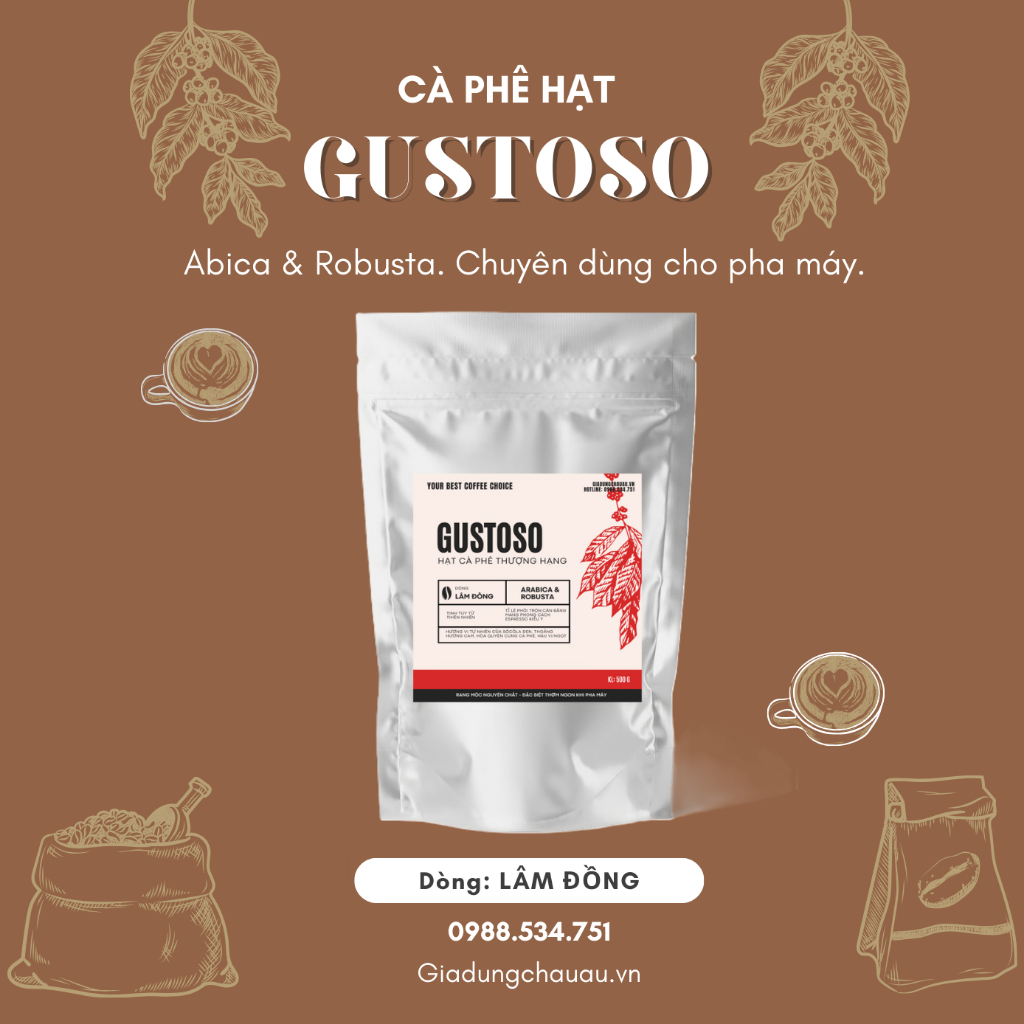 Cà phê hạt nguyên chất thượng hạng Gustoso dòng Lâm Đồng 500g - Chuyên dùng cho các loại máy pha cà phê