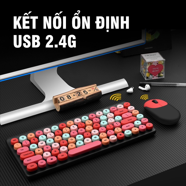 Bàn Phím Không Dây Và Chuột Gọn Nhẹ Bộ Bàn Phím Máy Tính Thiết Kế Tương Phản Đầy Màu Sắc Punk Candy Colorful