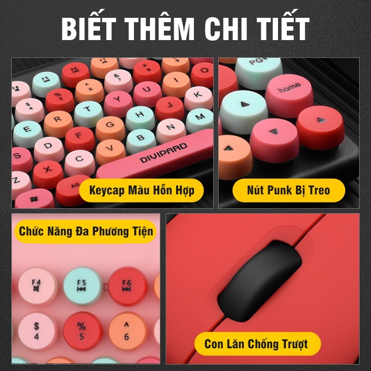 Bàn Phím Không Dây Và Chuột Gọn Nhẹ Bộ Bàn Phím Máy Tính Thiết Kế Tương Phản Đầy Màu Sắc Punk Candy Colorful