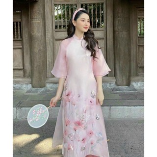 Áo dài cao cấp Đinh Hương hồng vải tơ Hàn ánh kim mềm mịn