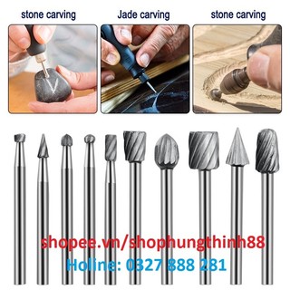 Bộ 10 đầu mũi điêu khắc mài gỗ lũa-cán 3mm