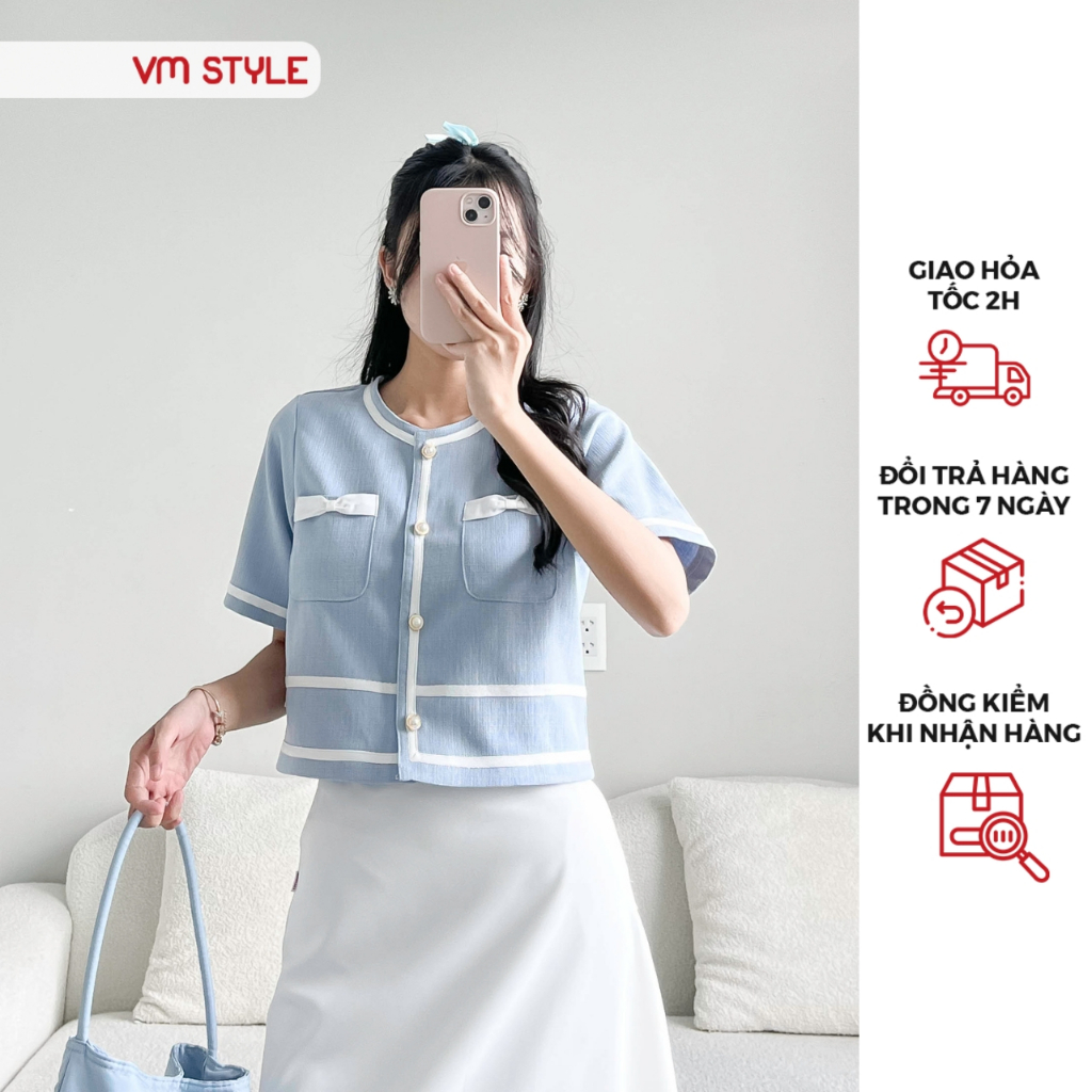 Áo kiểu croptop nữ VMSTYLE tay ngắn viền màu 2 túi hộp nơ dễ thương tiểu thư đi học, đi làm, đi chơi 020601 - ASU00438