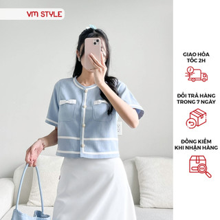 Áo kiểu croptop nữ VMSTYLE tay ngắn viền màu 2 túi hộp nơ dễ thương tiểu thư đi học, đi làm, đi chơi 020601 - ASU00438