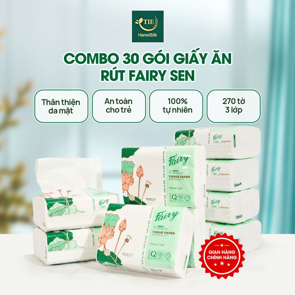 Combo 30 Giấy Ăn Rút Fairy Sen 270 Tờ / 3 Lớp Giá Mềm, Khăn Giấy 100% Gỗ Tự Nhiên Mềm Mại Bền Dai An Toàn