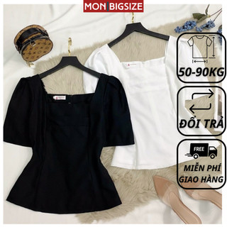 Áo bigsize nữ kiểu cổ vuông xếp ly ngực chất cotton lạnh dự tiệc đi chơi MON big size 50 - 90kg
