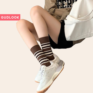 Set 5 đôi tất cao cổ nữ gudlook kẻ phong cách hàn quốc tông màu nâu