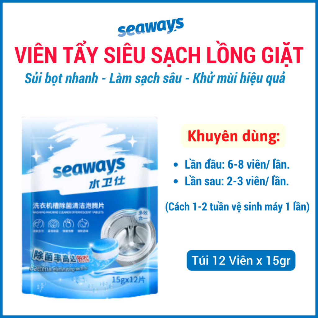 Túi 12 Viên Tẩy Lồng Máy Giặt Seaways Công Nghệ Cao - Loại Bỏ 99,9% Vi Khuẩn Gây Hại (Túi 12 Viên x 15gr)