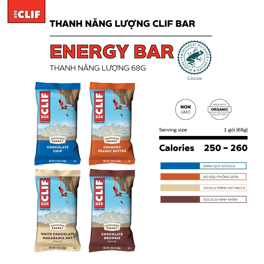 Thanh Bánh Hạt CLIF Bar Năng Lượng Dinh Dưỡng Thể Thao Tập Gym, Chạy Bộ Marathon Trail, Đạp Xe, Trekking, Ăn Vặt