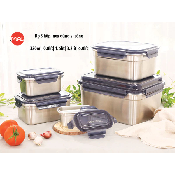 Bộ 5 hộp iMat inox dùng vi sóng, thân Inox 304, dùng trong lò nướng, vi sóng, tủ lạnh, máy rửa chén