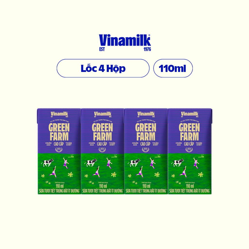 Lốc 4 hộp Sữa tươi tiệt trùng Rất ít đường Vinamilk Green Farm - hộp 110ml