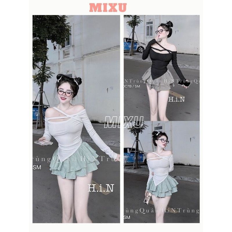 Sét áo thun dài tay vạt chéo trễ vai đan dây ngực kèm chân váy xếp ly 2 tầng xếp ly hottrend thời tr