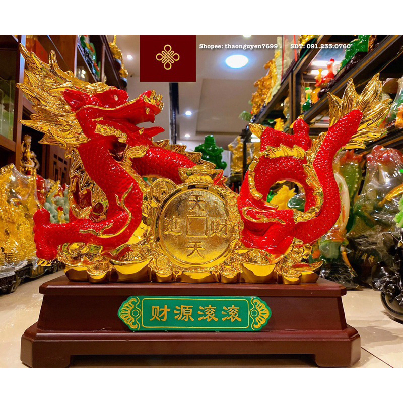 (Tổng Hợp) Tượng rồng đỏ phong thuỷ cuốn đồng tiền/ hũ lư/ kho báu cỡ đại (cao 45, dài 55, rộng 20)