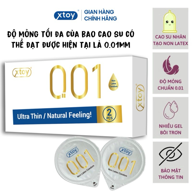 Bao cao su cao cấp Non-Latex XTOY 001, siêu mỏng chuẩn 0.01mm, mỏng nhất thế giới, hộp 02bcs