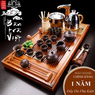 Bộ bàn trà điện thông minh đầy đủ Khay bàn và bộ bếp pha trà - Tặng kèm bộ ấm chén tử sa đen và trà cụ pha trà mã 02501