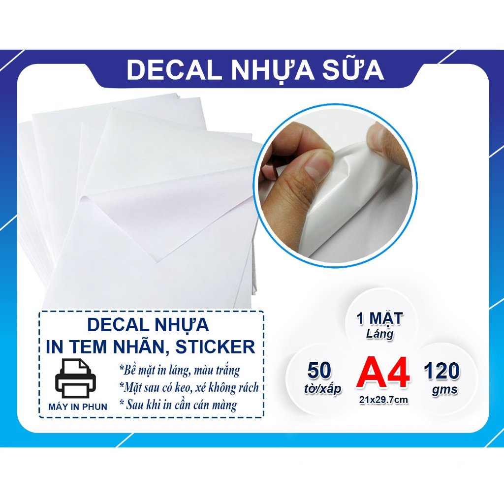Decal PVC Trắng Sữa không kháng nước in phun Khổ A4 xấp 50 tờ