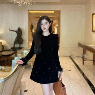  Váy nữ tiểu thư tay dài viền lông đầm đen Sisi dáng suông ngắn chữ A đính đá sang chảnh đi tiệc đi chơi Tết 