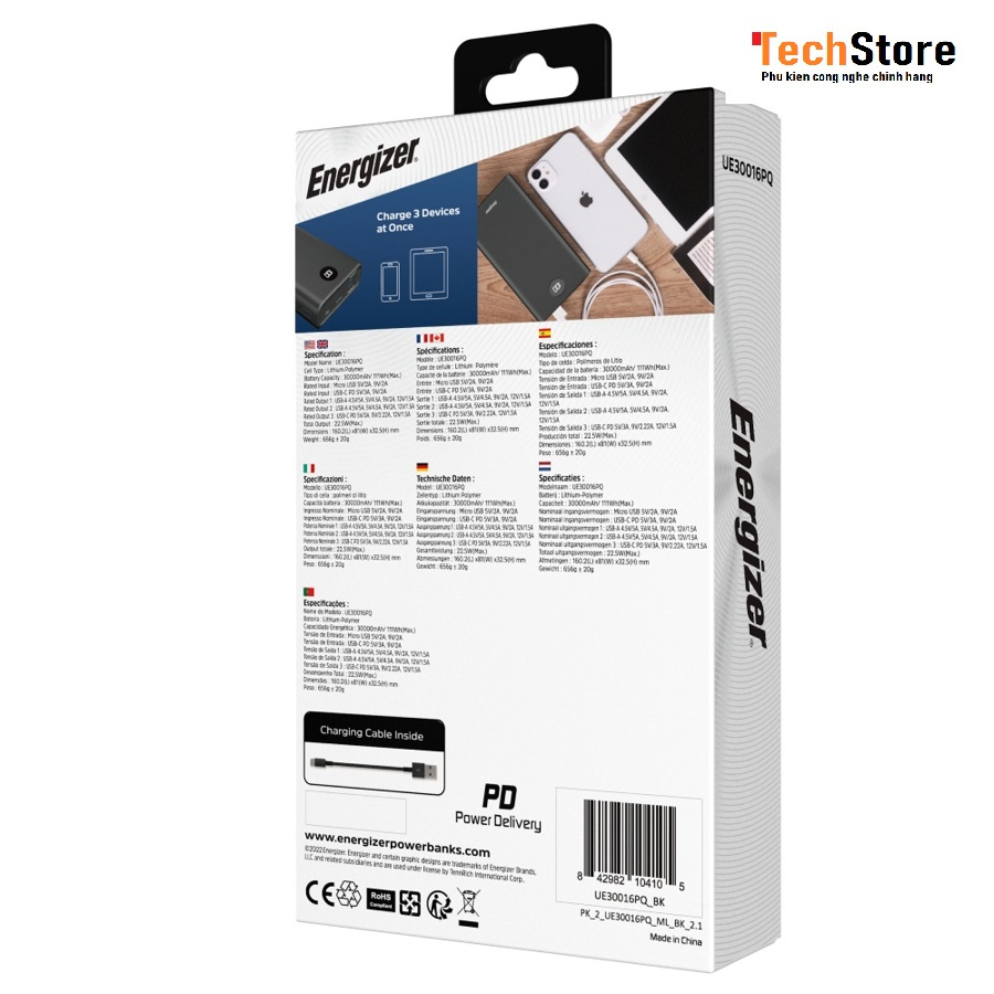Pin dự phòng Energizer UE30016PQ USB-C PD - 30,000mAh