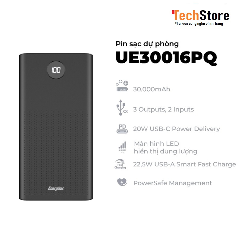 Pin dự phòng Energizer UE30016PQ USB-C PD - 30,000mAh