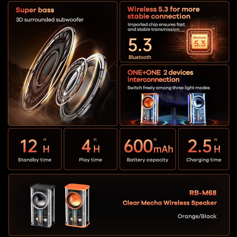 Loa bluetooth TWS Remax RB-M68 siêu trâu hỗ trợ kết nối 2 loa cùng lúc - extra bass