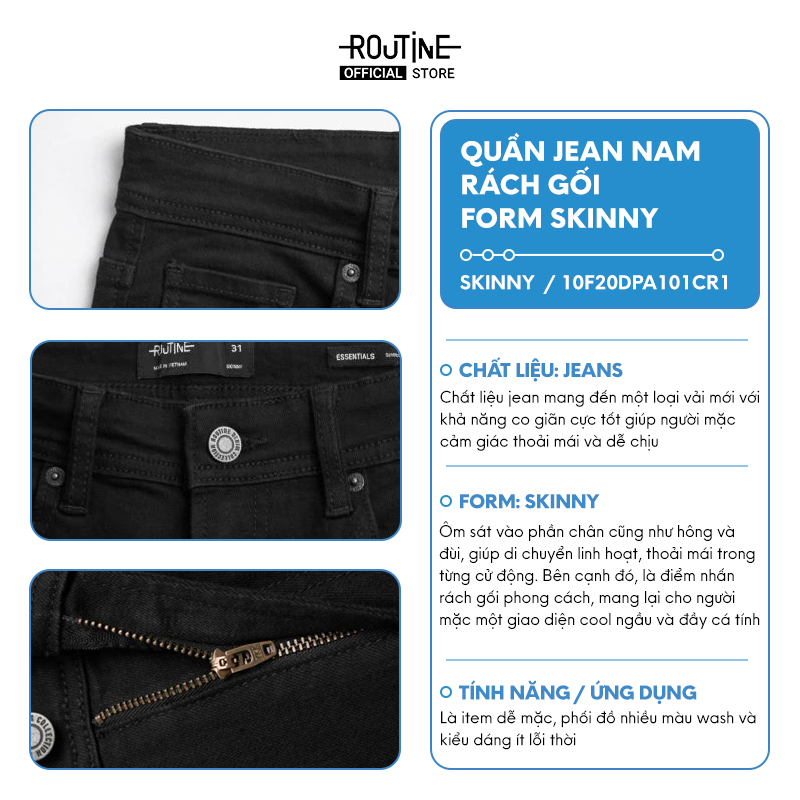 Quần Jean Nam Rách Gối Form Skinny - Routine 10F20DPA101CR1