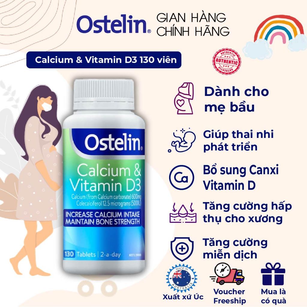 Bổ sung Canxi và Vitamin D3 500IU cho mẹ bầu Ostelin Calcium & Vitamin D3 giúp thai nhi phát triển lọ 130 viên