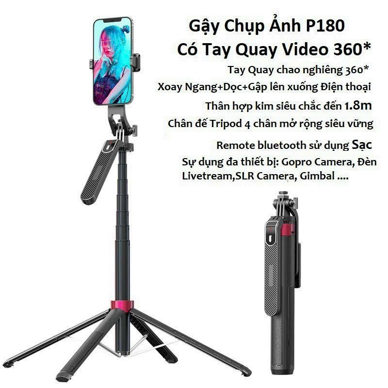 Gậy Chụp Ảnh Cao Cấp 1m8 Đa Năng Kiêm Tripod , Có Tay Quay 360 Độ Nút Remove Livestream - PICETECH