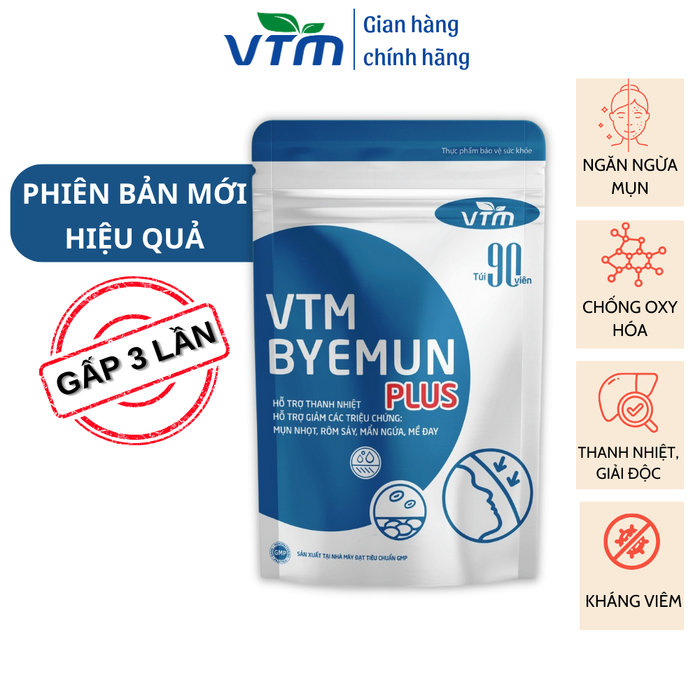 Viên uống VTM Byemun Plus hỗ trợ thanh nhiệt, giảm triệu chứng mụn nhọt, rôm sẩy, mẩn ngứa, mề day - Túi 90 viên
