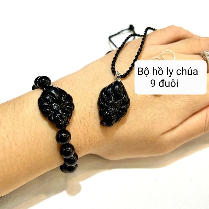Vòng tay dây chuyền mặt hồ ly chúa 9 đuôi màu đen m.não