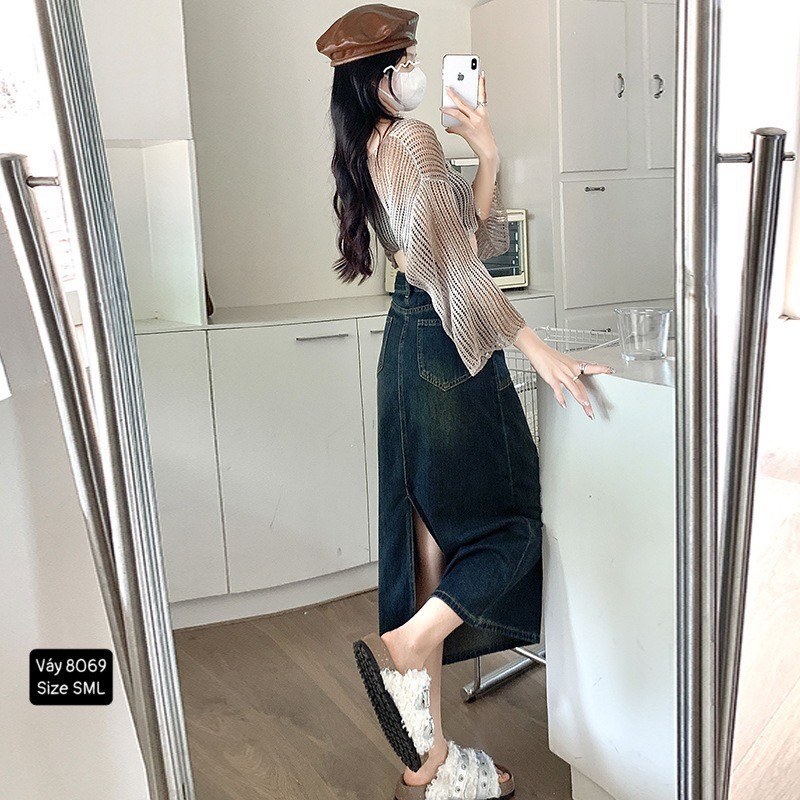 Chân váy jean cạp cao xẻ tà sau phong cách retro, Chân váy bò dáng váy chữ A phong cách Hàn Quốc - Avocado