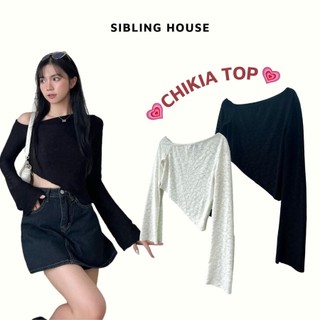 Thời trang 2024 Áo thun croptop form ôm tay dài chéo tà vải hoa chìm xinh xắn Chikia Top - Sibling House