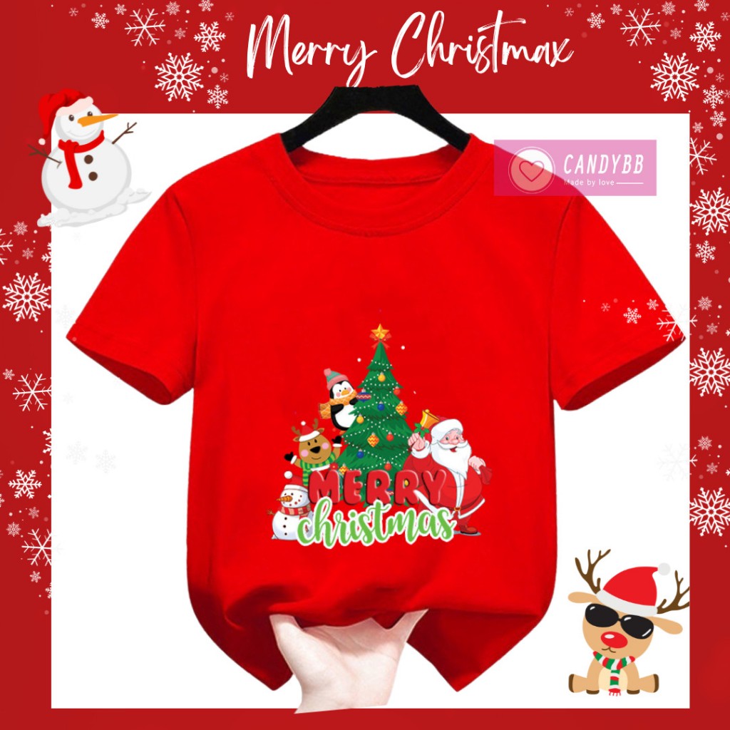 Áo thun Noel Giáng Sinh Cây Thông cổ tròn tay ngắn cho bé trai bé gái, Size từ 10kg - 60kg
