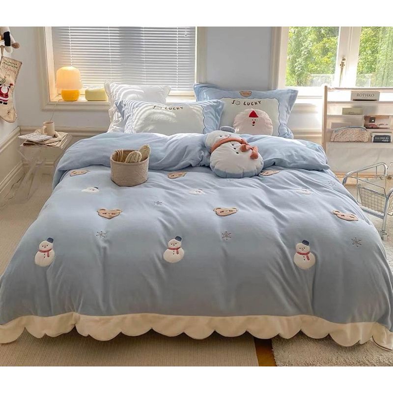 Bộ Chăn Ga Gối Nỉ Nhung Noel Hàng Nhập Khẩu Cao Cấp 5 Món Người Tuyết