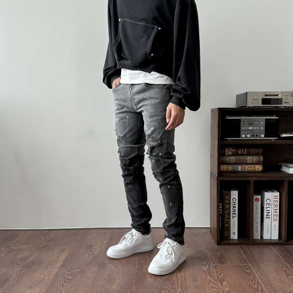 Quần Skinny Jeans Nam FNOS Streetwear Màu Đen Vẩy Sơn NZ33 - Local Brand Chính Hãng