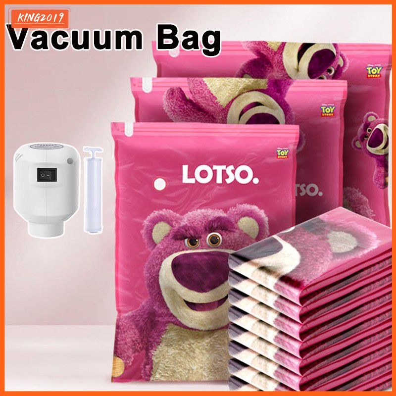 Set 10 Túi hút chân không đựng quần áo gấu hồng Hút chăn gối - Đa năng, tiện dụng có kèm bơm điên hoặc bơm  rút tay