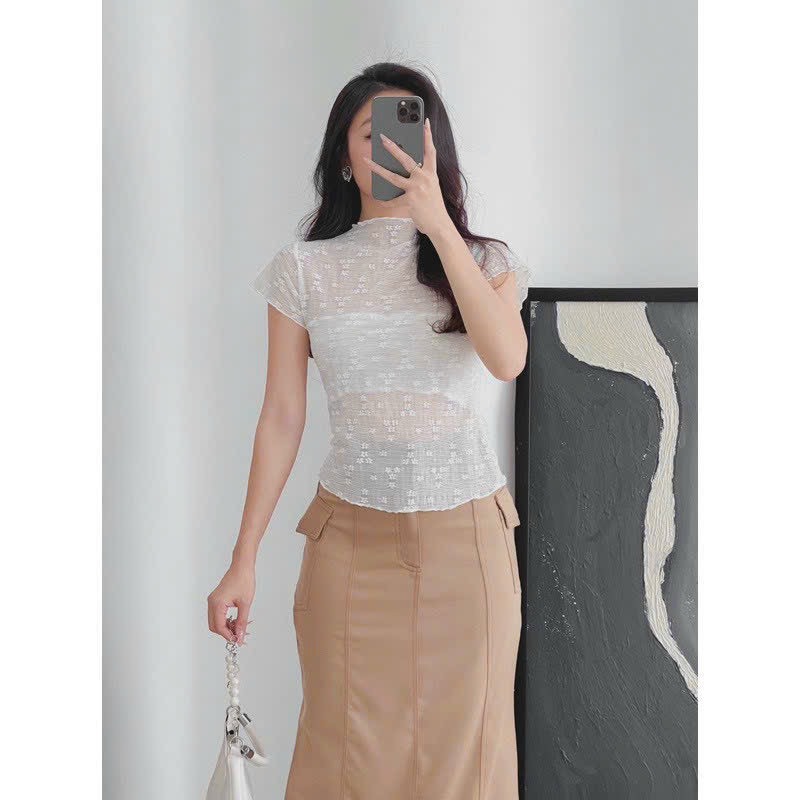 Áo Kiểu Nữ Tay Ngắn Áo Baby Tee Lưới Hoa Nổi ,Gợi Cảm Có May Lót Trong Có 3 Màu - 631