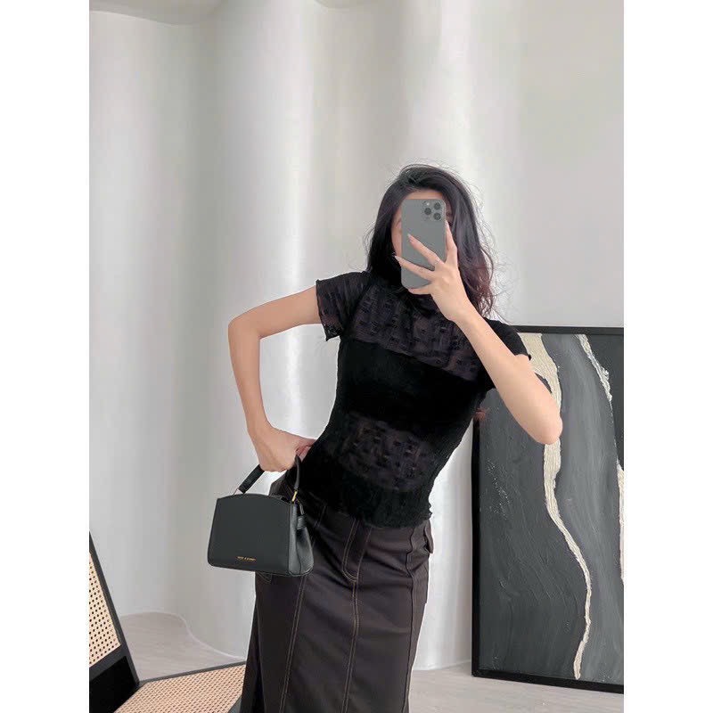 Áo Kiểu Nữ Tay Ngắn Áo Baby Tee Lưới Hoa Nổi ,Gợi Cảm Có May Lót Trong Có 3 Màu - 631