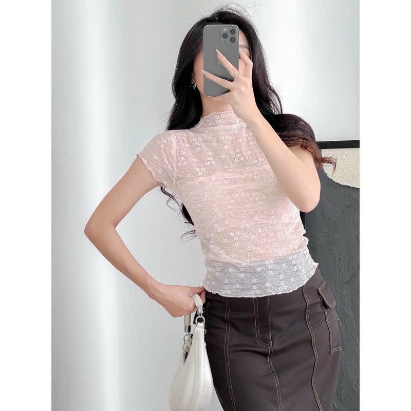 Áo Kiểu Nữ Tay Ngắn Áo Baby Tee Lưới Hoa Nổi ,Gợi Cảm Có May Lót Trong Có 3 Màu - 631