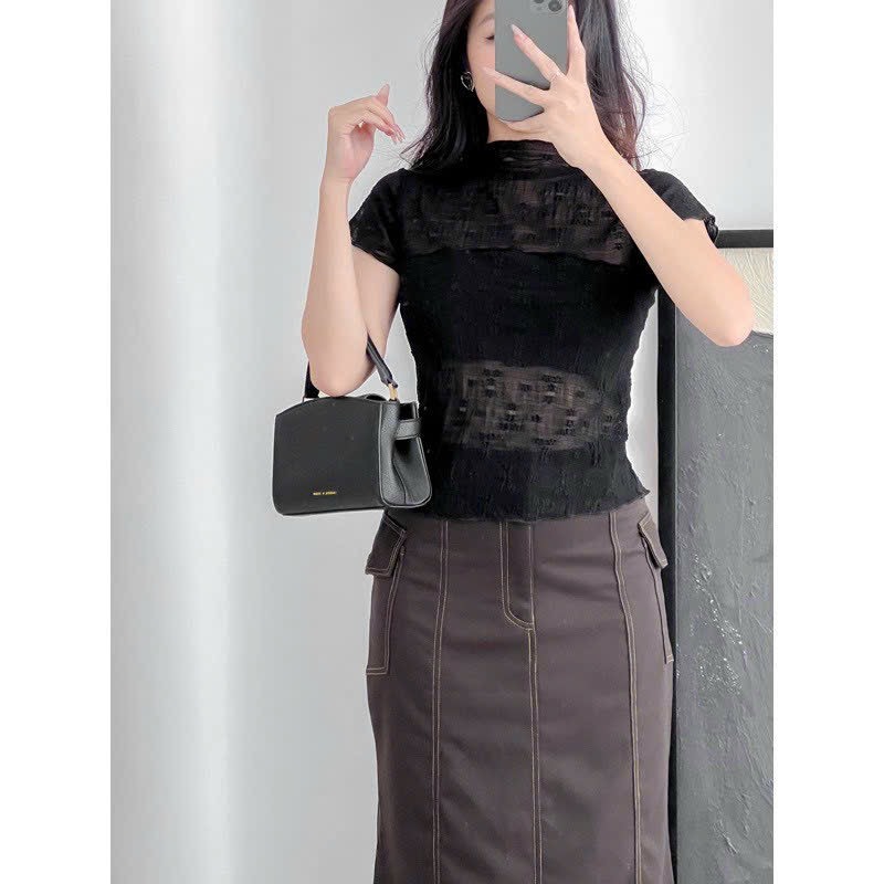 Áo Kiểu Nữ Tay Ngắn Áo Baby Tee Lưới Hoa Nổi ,Gợi Cảm Có May Lót Trong Có 3 Màu - 631